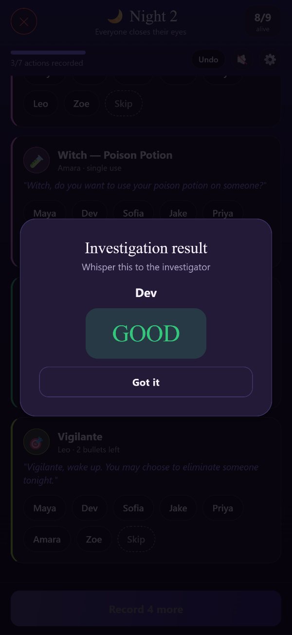 Investigation Result modal: Dev reads GOOD — whisper this to the Detective
