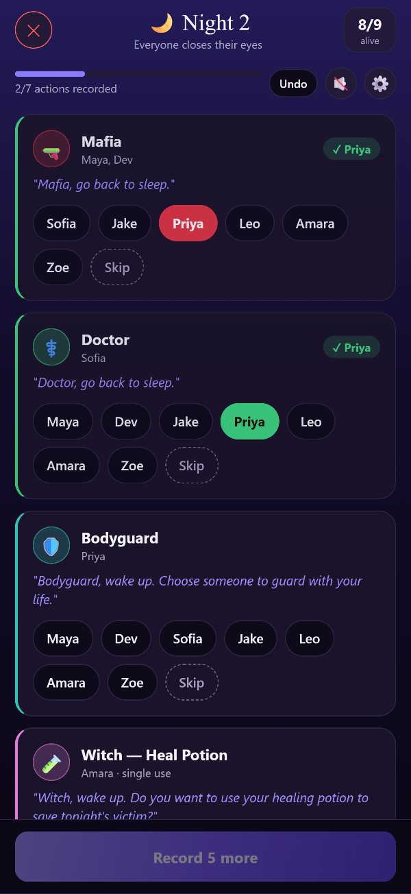 The night tracker: Mafia, Doctor and Bodyguard sections with tappable player chips and narration lines