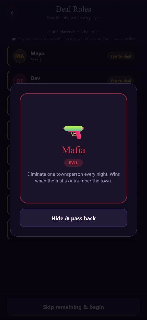 Pass-and-play role dealing: a hidden Mafia role card revealed mid-deal, with a Hide and Pass Back button